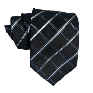 Towncraft Mens Black Silver Plaid Tie Hand Made 100% Poly  3.5" wide 59" long